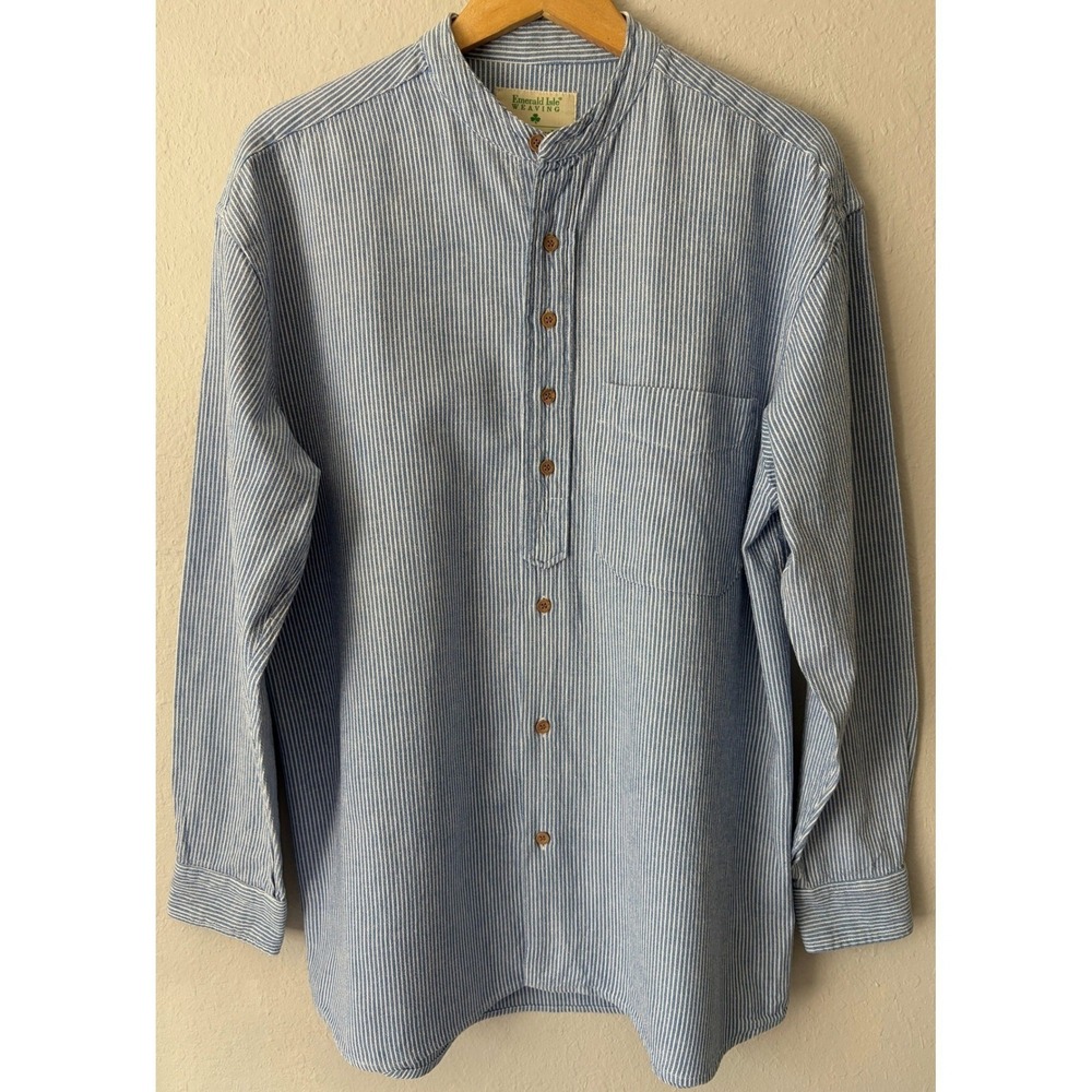 Emerald Isle Weaving Mens Striped Linen Grandfather Shirt L Banded Collar Blue